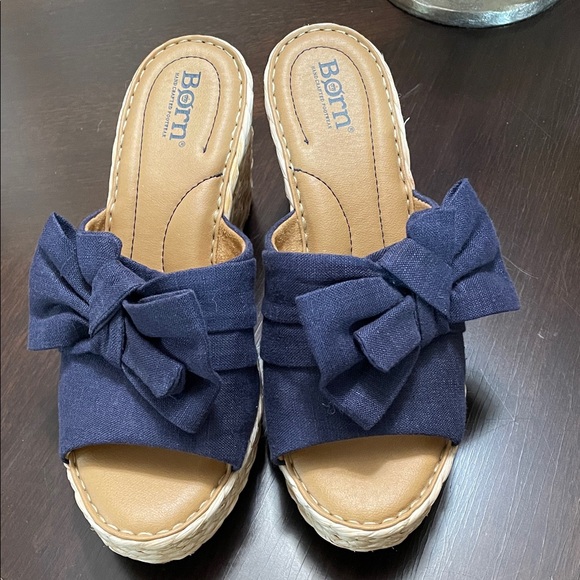 Born Shoes - Born Women's Navy and Tan wedge sandals with Bow